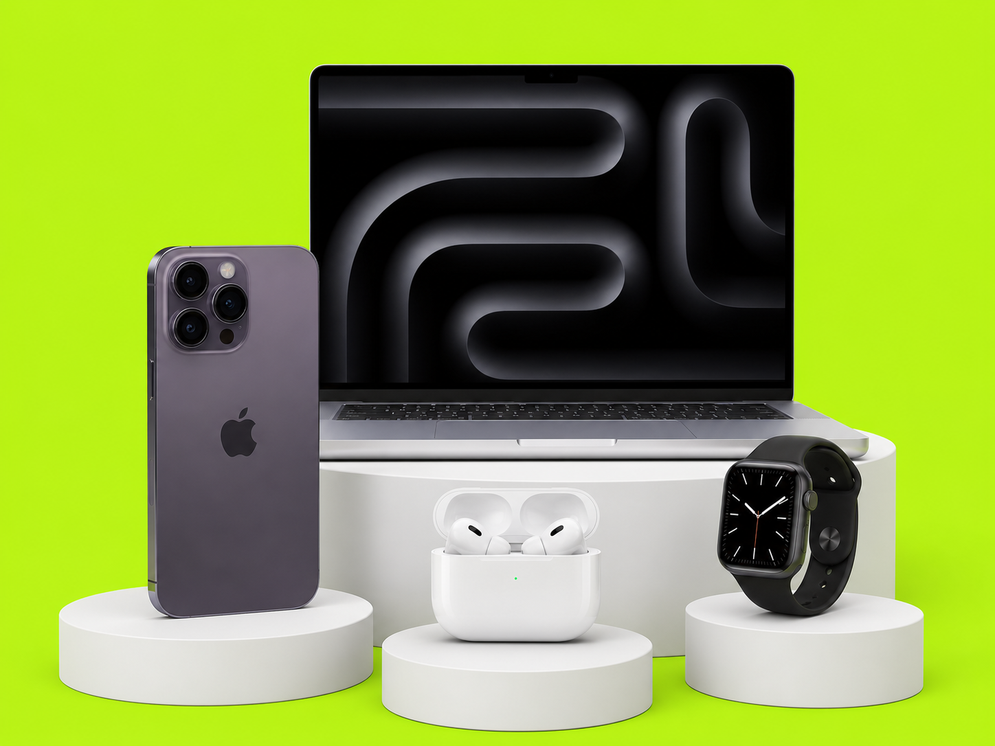 MacBook, iPhone, AirPods и Apple Watch на белых подиумах